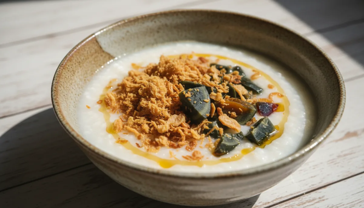 Congee Tajvanez me Mish Derri të Fibrëzuar dhe Vezë të Konservuar