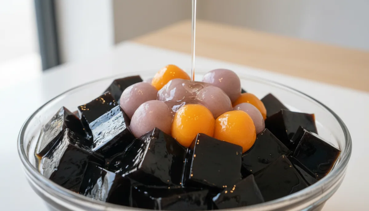 Gelatina de Hierba Taiwanesa con Bolitas de Taro y Camote (Xian Cao)