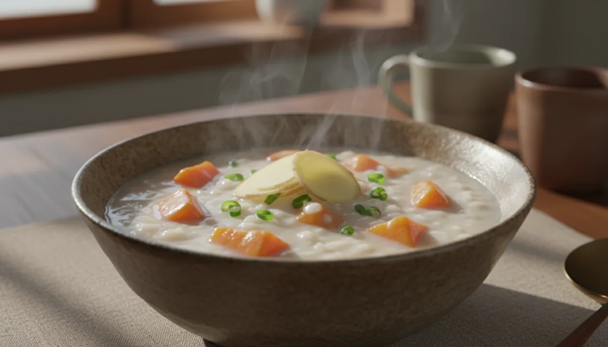Congee Tajvanez me Patate të Ëmbël dhe Xhenxhefil