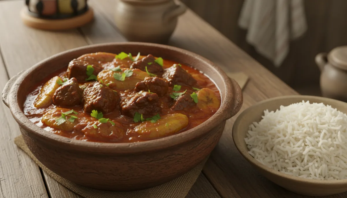 Ndizi na Nyama Tanzaniane (Gjelle me Banane dhe Mish Viçi) me Oriz