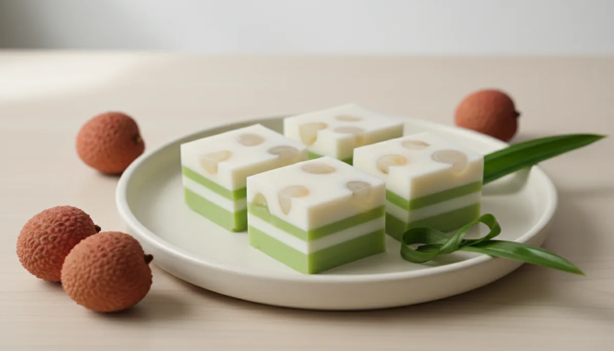 Gelatina Tailandesa de Coco y Pandan en Capas con Lichi