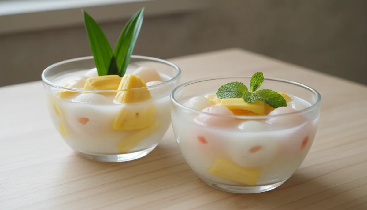 Gelatina Tailandesa de Leche de Coco con Yaca y Lichi