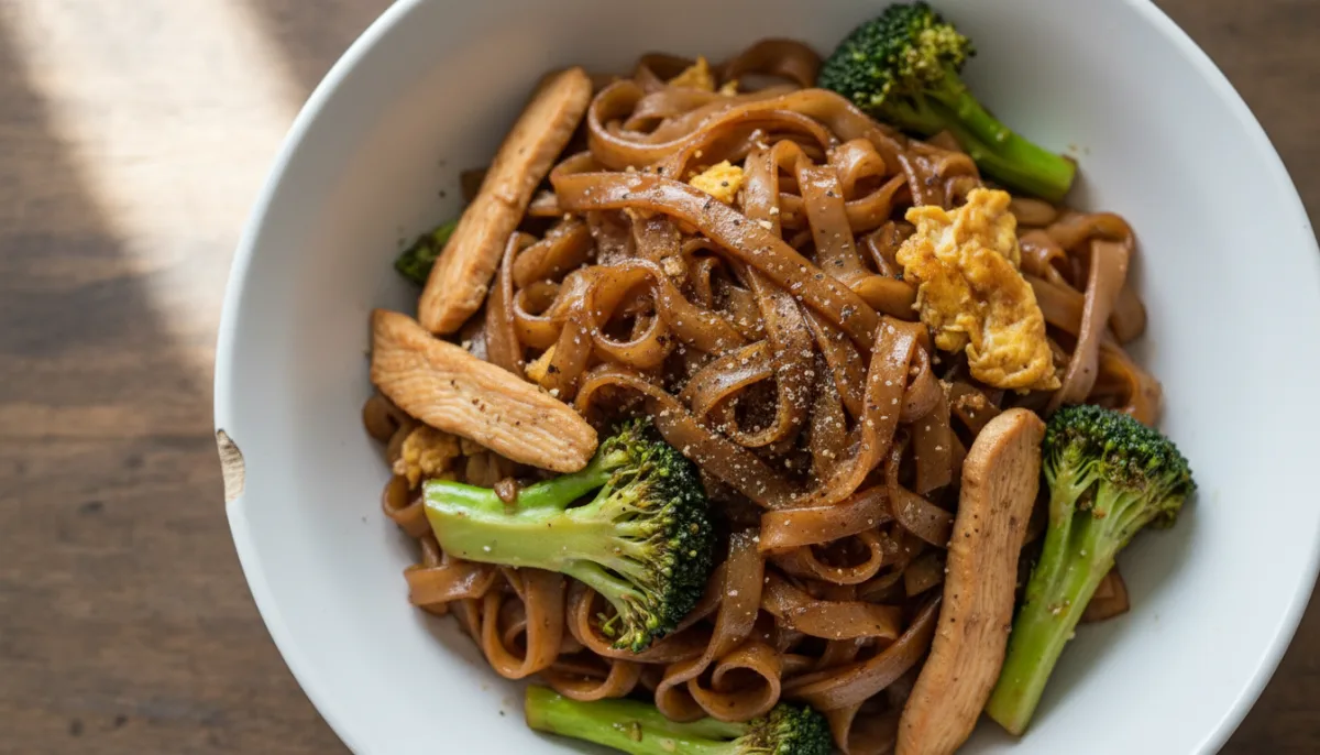 Noodles Thai Saltati in Padella con Pollo e Broccoli (Pad See Ew)