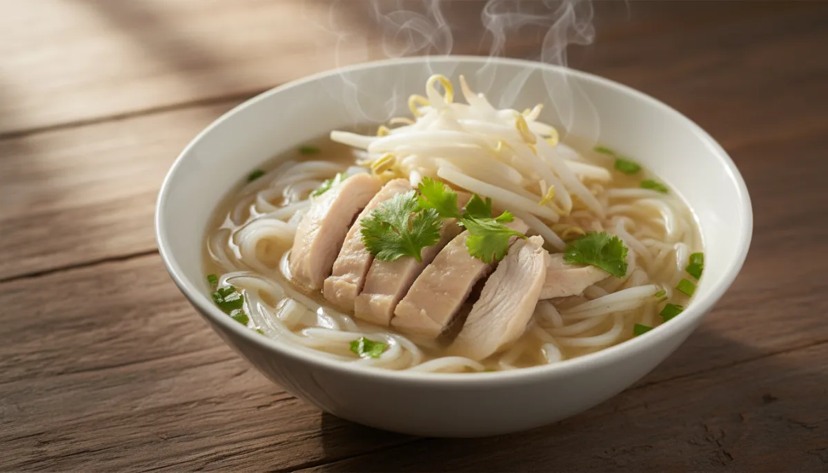 Tava Tajlandeze me Makaronat e Orizit, Pulë dhe Filiza Soje (Kuay Teow Gai)
