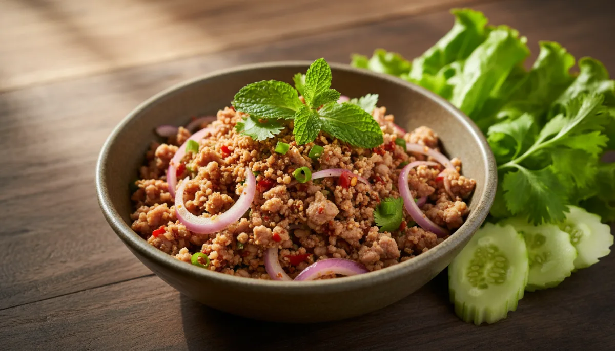 Insalata di Maiale Macinato Piccante Thai con Erbe e Riso Tostato (Larb Moo)