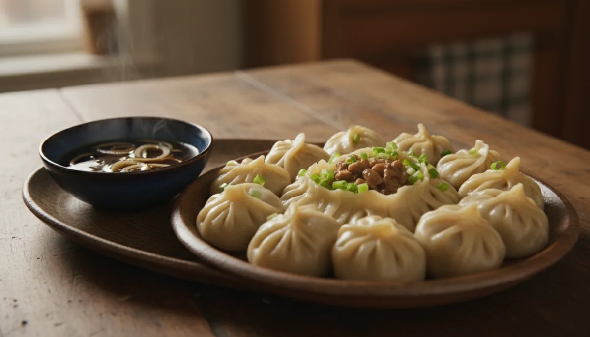 Dumpling Tibetiane me Kërpudha dhe Djathë, me Salcë Zhytjeje Soje dhe Xhenxhefili