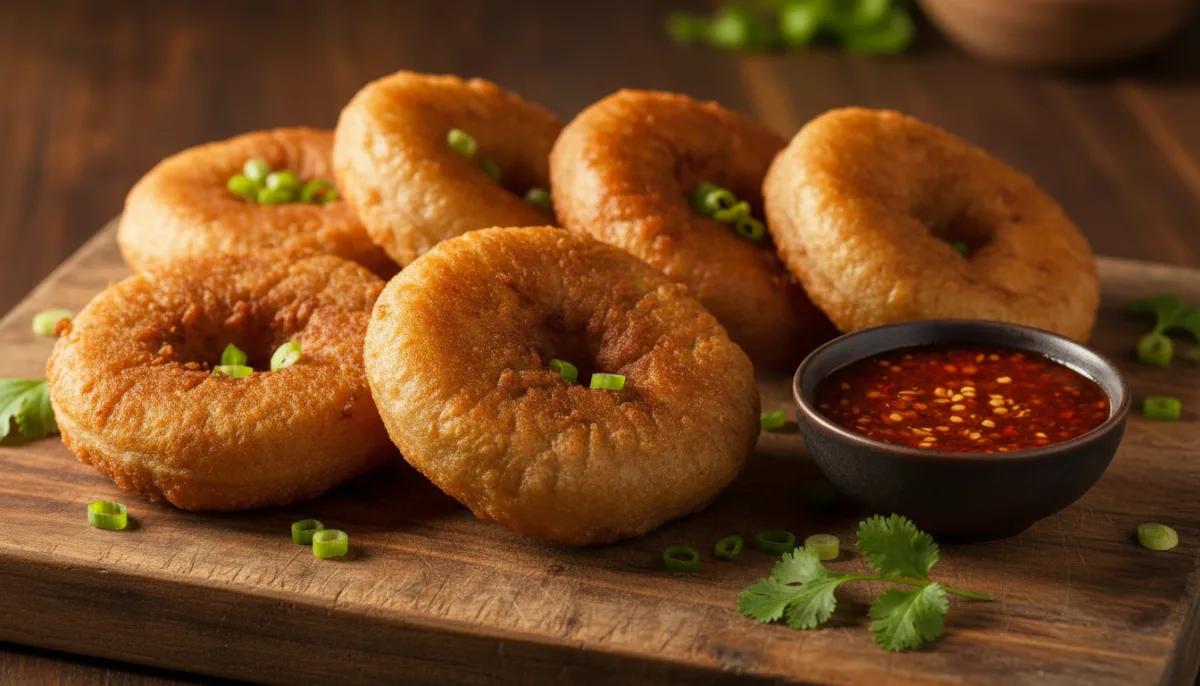 Tibetische Sha Phaley (Fleischgefülltes Brot) mit scharfer Dip-Sauce