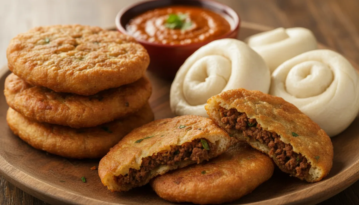 Shabaley Tibetano (Pastéis de Carne Fritos) com Tingmo (Pão Cozido a Vapor)