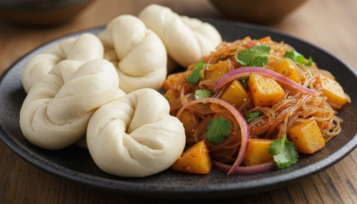 Steamed Tibetan Tingmo with Spicy Potato and Glass Noodle Stir-fry