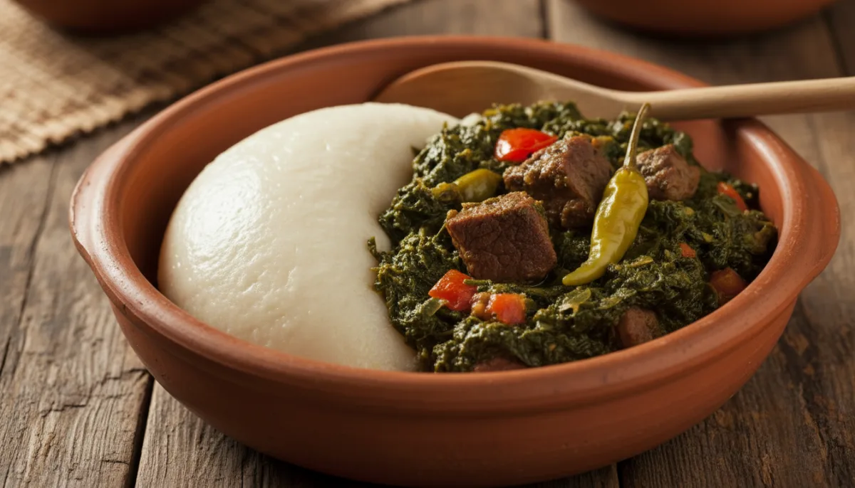 Togolese Fufu with Gboma Dessi (Spinach and Meat Stew)