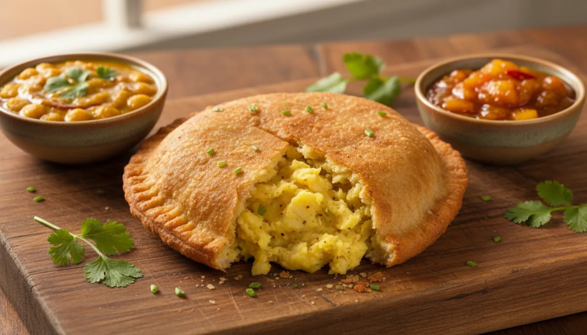 Trinidadian Aloo Pie with Channa and Mango Chutney