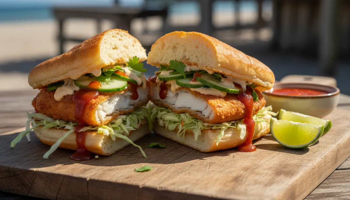 Trinidadian Bake and Shark: Fried Flatbread with Fried Shark and Toppings