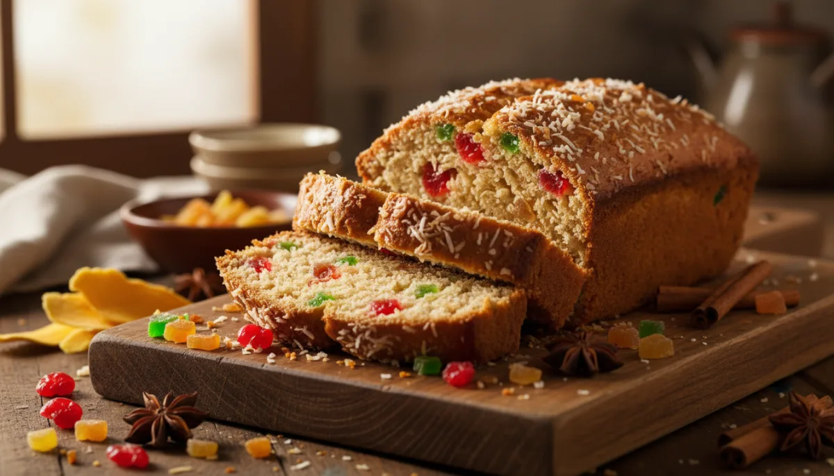 Pan Dulce de Coco de Trinidad con Frutas Tropicales y Especias Aromáticas