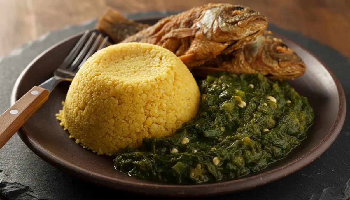 Trinidadian Coo-Coo with Callaloo and Fried Fish