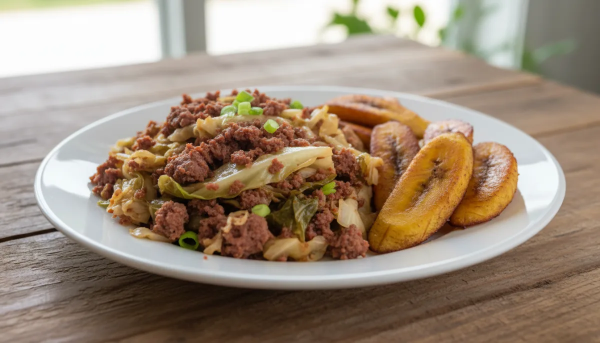 Trinidadian Corned Beef and Cabbage with Fried Plantains