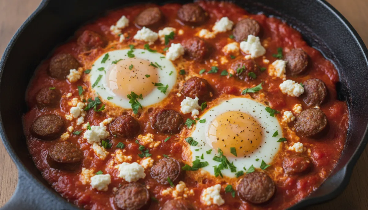Çakçuka Tuniziane me Sallam Merguez dhe Djathë Feta