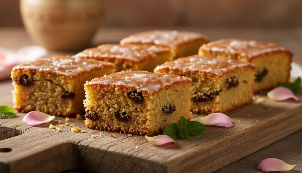 Pastel Tunecino de Dátiles y Sémola con Glaseado de Agua de Rosas