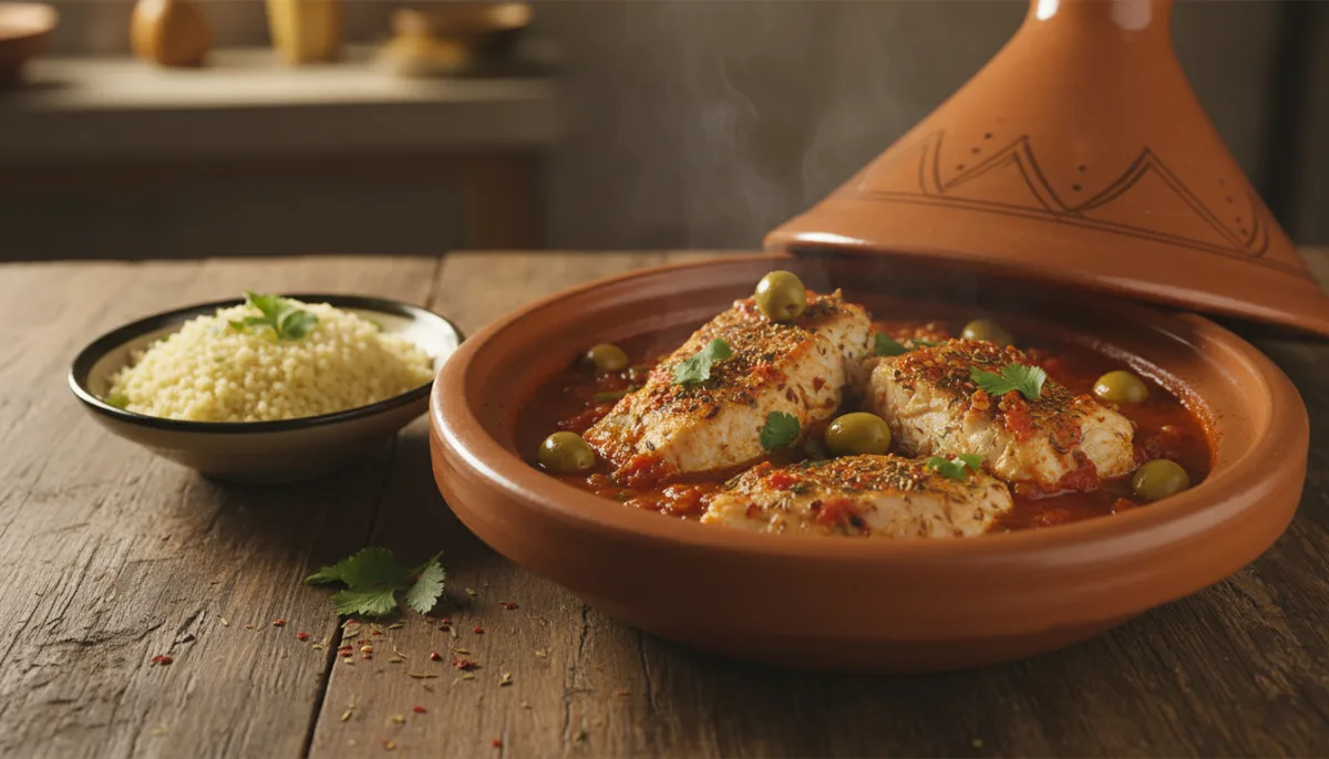 Tagine di Pesce Tunisino Speziato con Pomodori e Olive