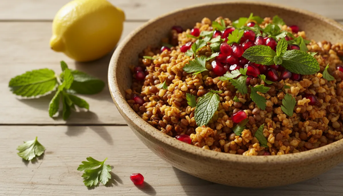 Sallatë Tuniziane me Thjerrëza, Bulgur, Shegë dhe Erëza