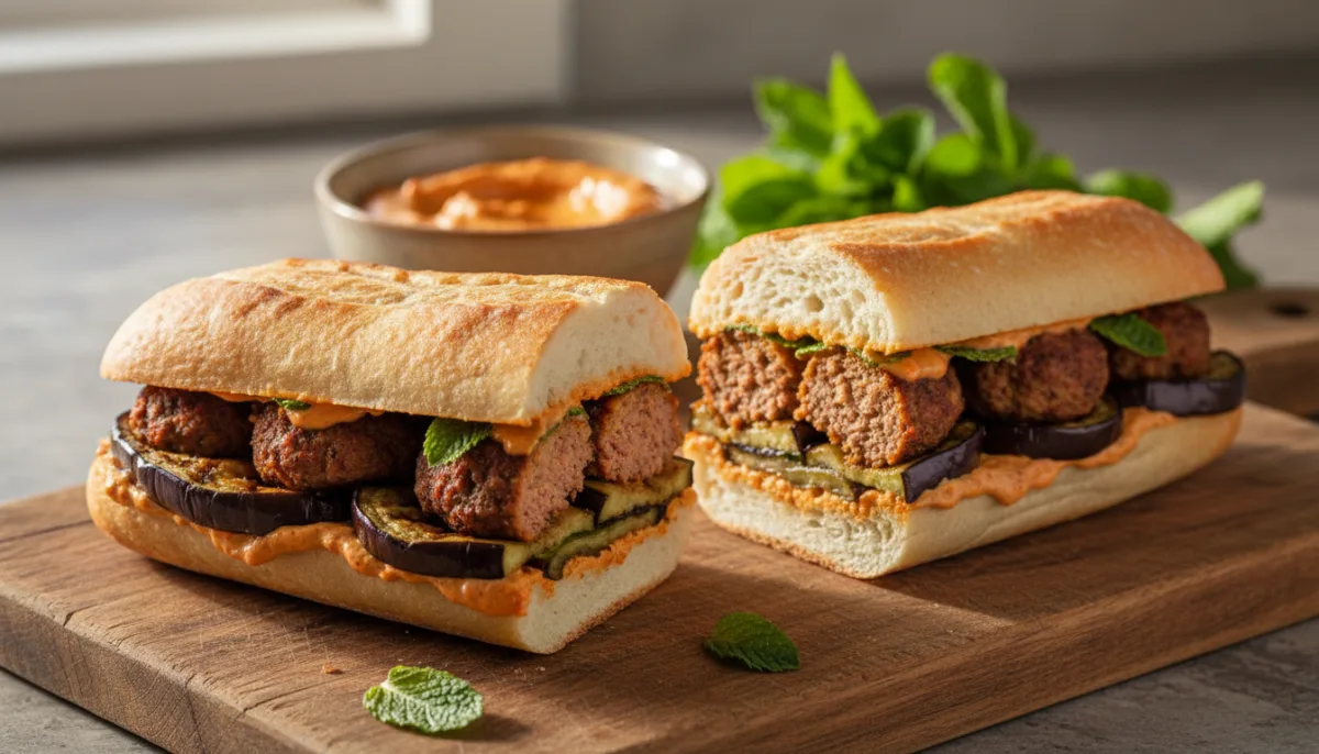 Sanduiç tunizian me qofte të erëzuara dhe patëllxhan me Harissa Aioli