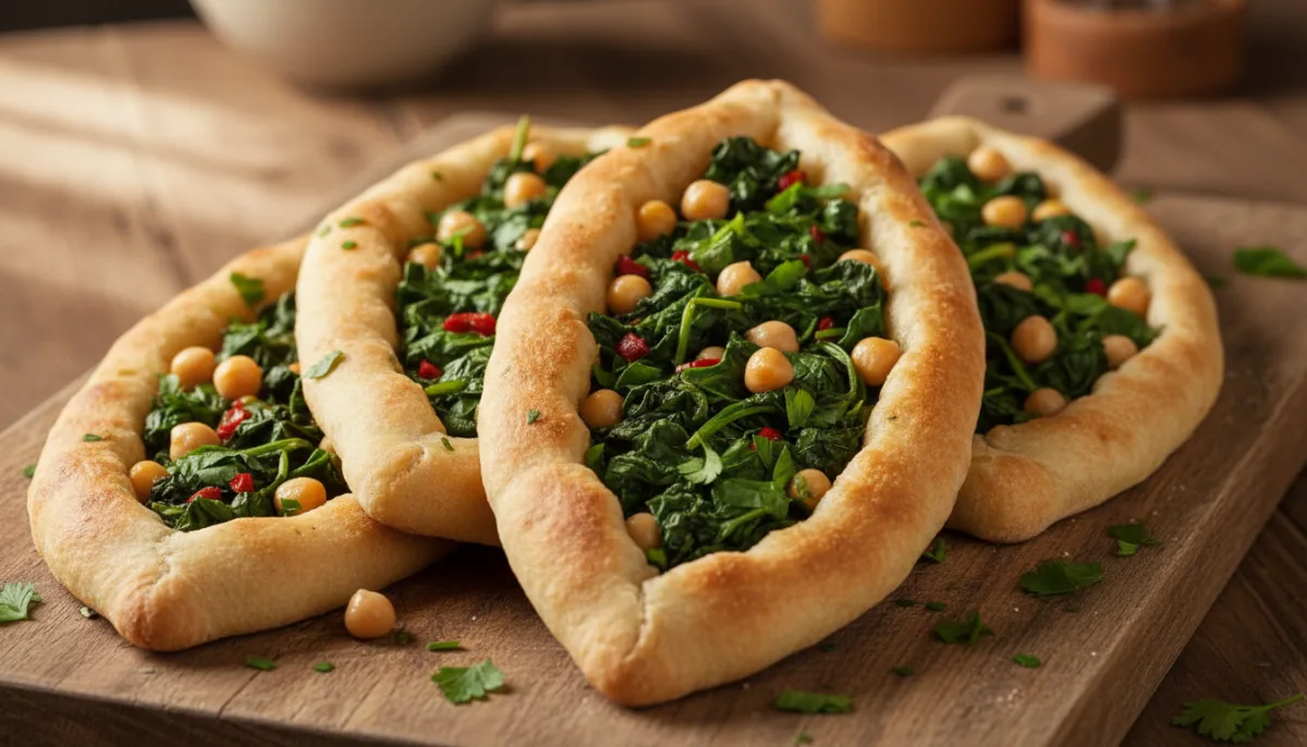 Pains Plats Turcs aux Pois Chiches et Épinards (Nohutlu Ispanaklı Pide)