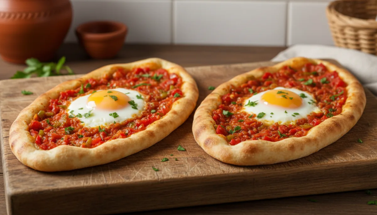 Pains Plats Turcs aux Œufs et Tomates (Menemen Pide)