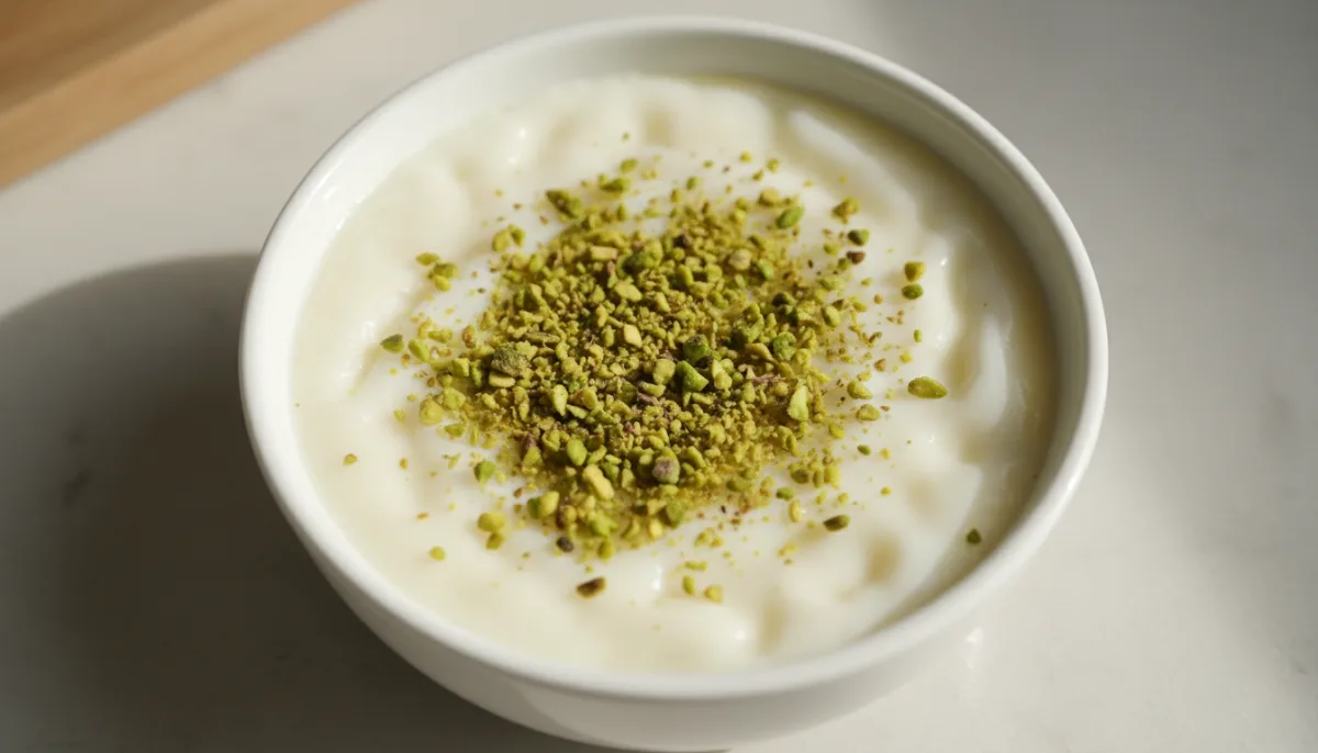Sütlaç Turco de Pistacho y Agua de Rosas (Pudín de Leche)