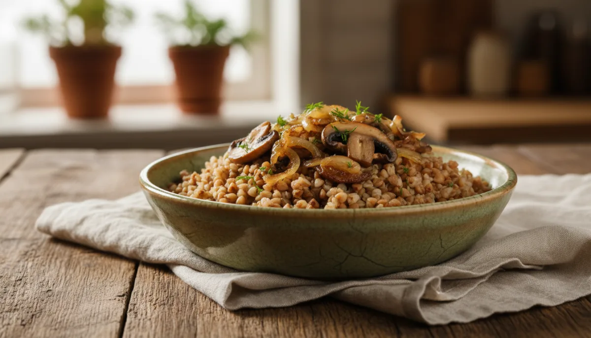 Hearty Ukrainian Buckwheat Kasha with Savory Onions and Mushrooms