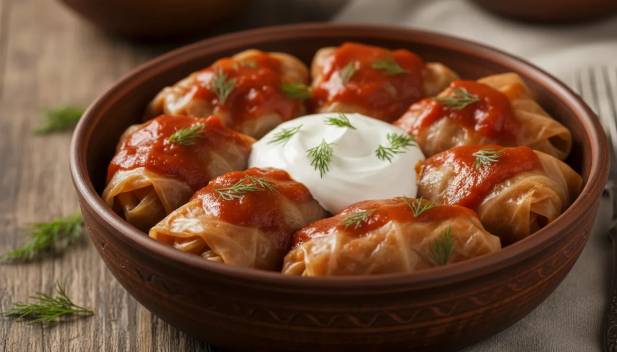 Hearty Ukrainian Holubtsi: Cabbage Rolls in Tomato Sauce with Sour Cream