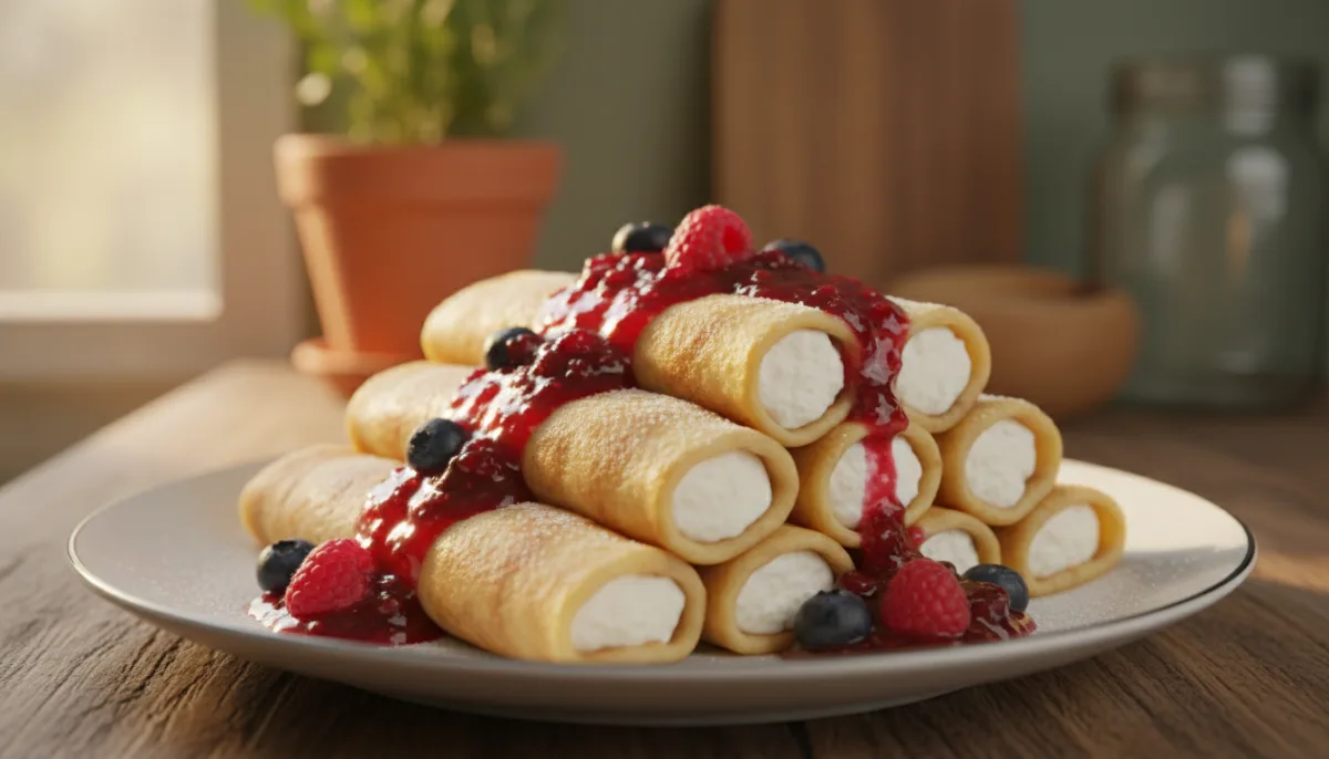 Ukrainian Nalesniki with Sweet Cheese and Berry Compote