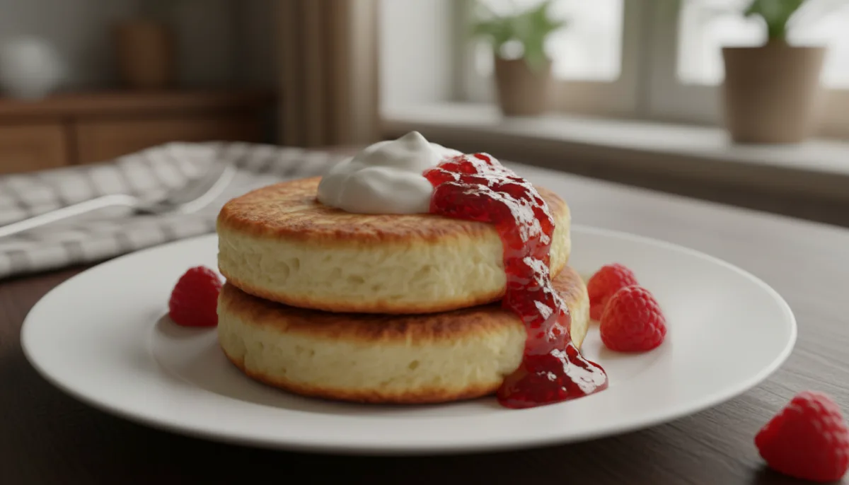 Syrniki Ucranianos (Panquecas de Queijo Cottage) com Creme Azedo e Geleia