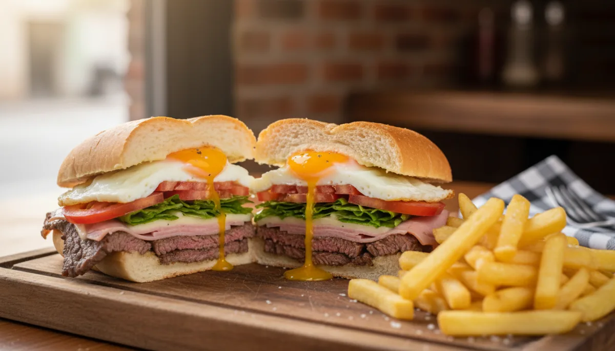 Uruguayan Chivito Completo with Crispy Fries and Fried Egg