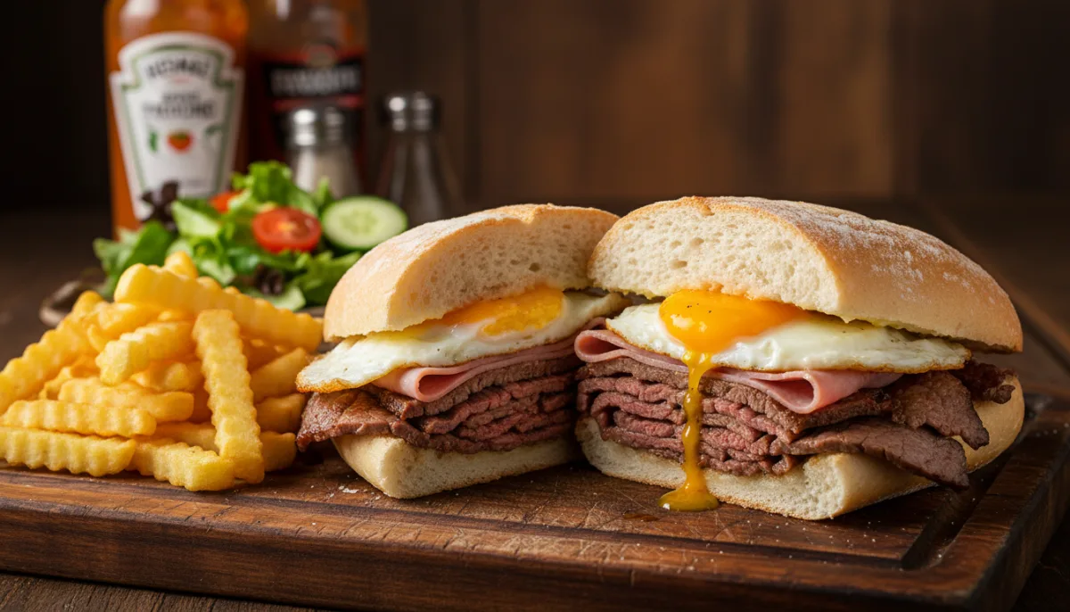 Uruguayan Chivito: Steak Sandwich with Mozzarella, Ham, and Egg