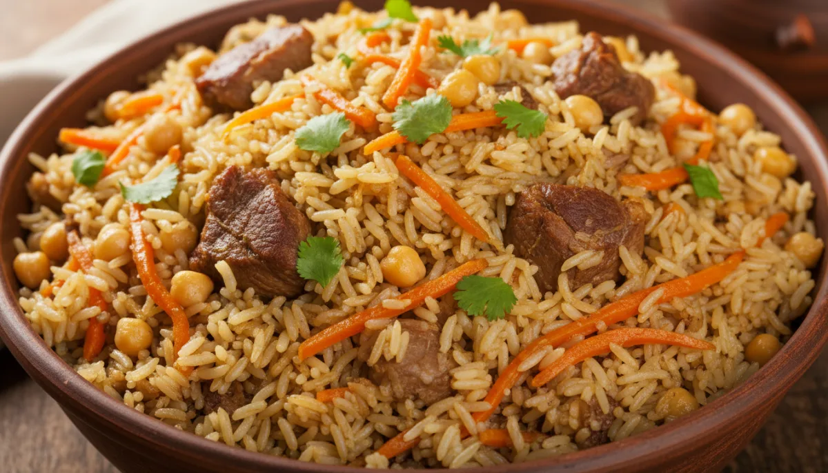 Palov Uzbek me Qengj, Oriz, Karota dhe Qiqra