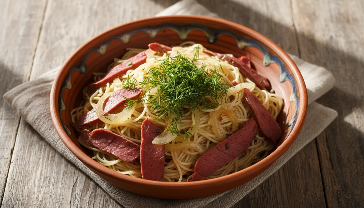 Uzbek Norin: Cold Noodle Salad with Horse Meat and Onions