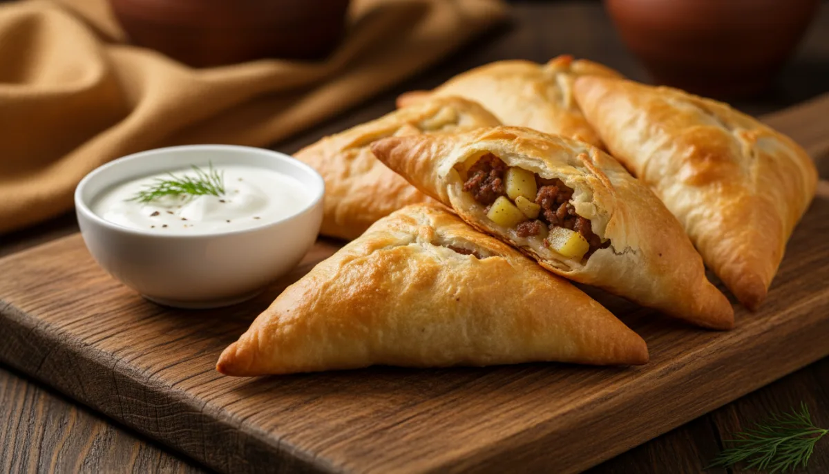 Somsa Uzbeke me Patate dhe Mish, Shërbyer me Salcë Kosi