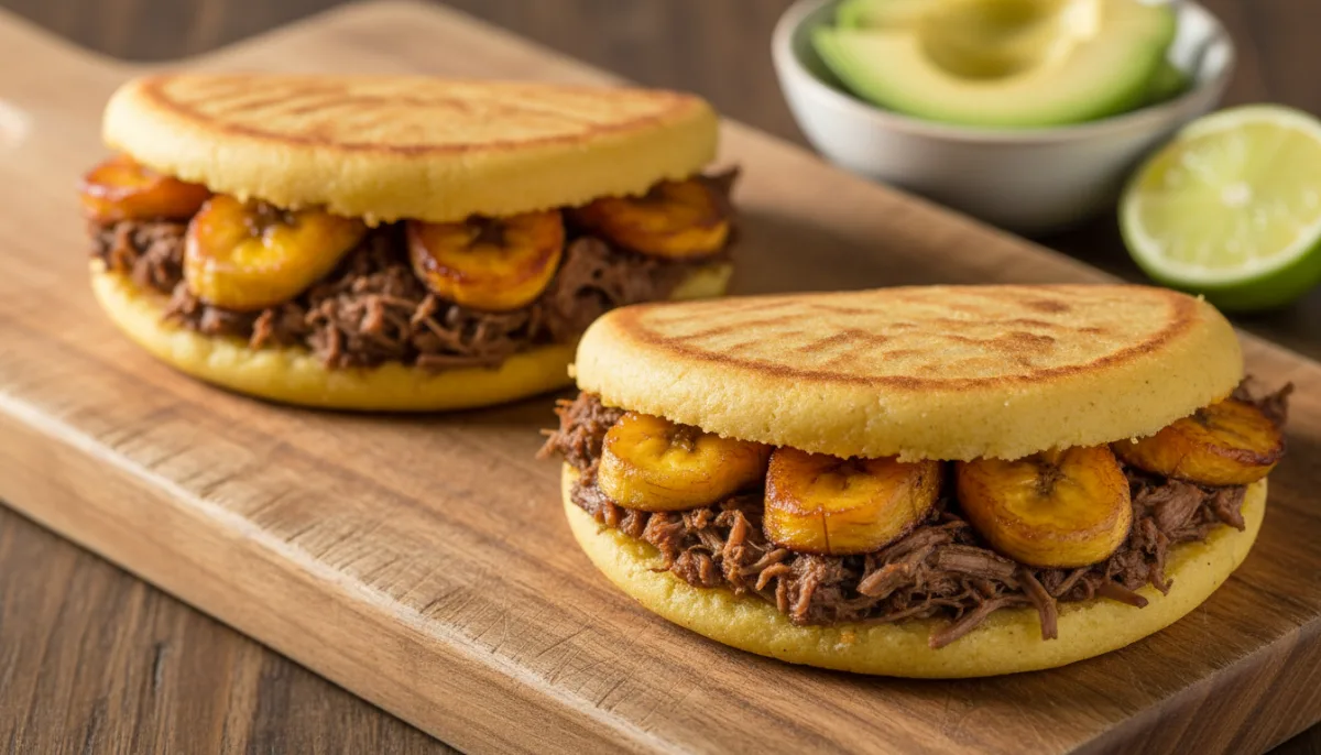 Venezuelan Arepas with Shredded Beef (Carne Mechada) and Plantains