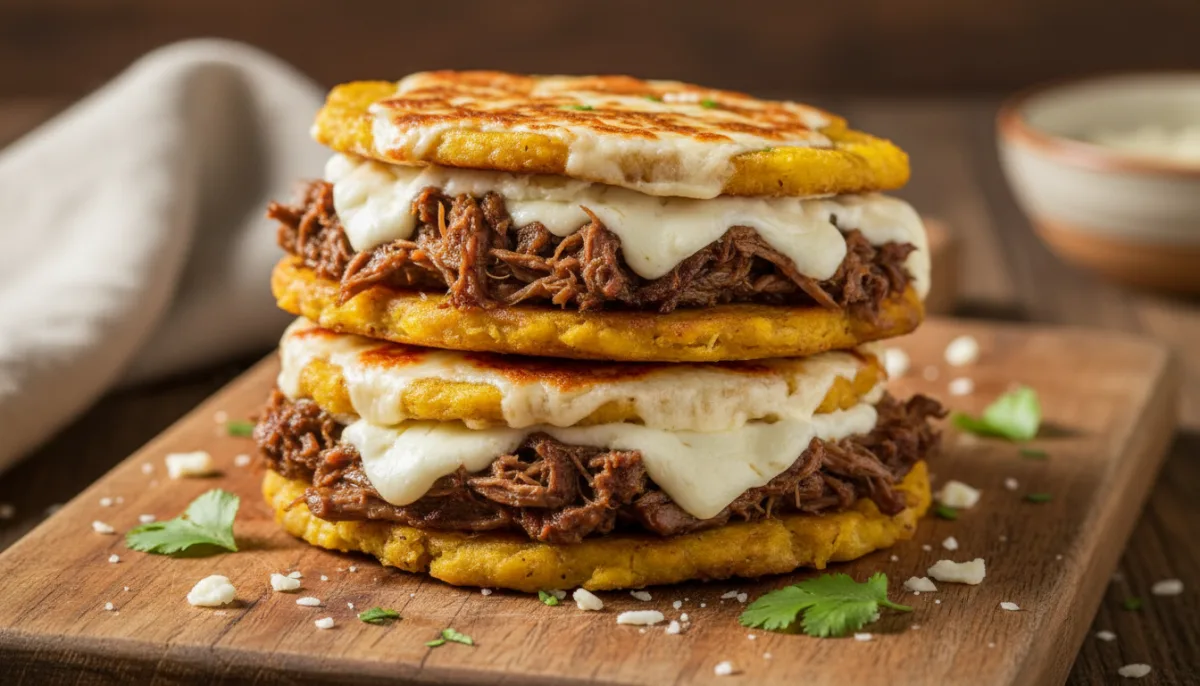 Venezolanische Patacones mit Rindfleisch und Käse