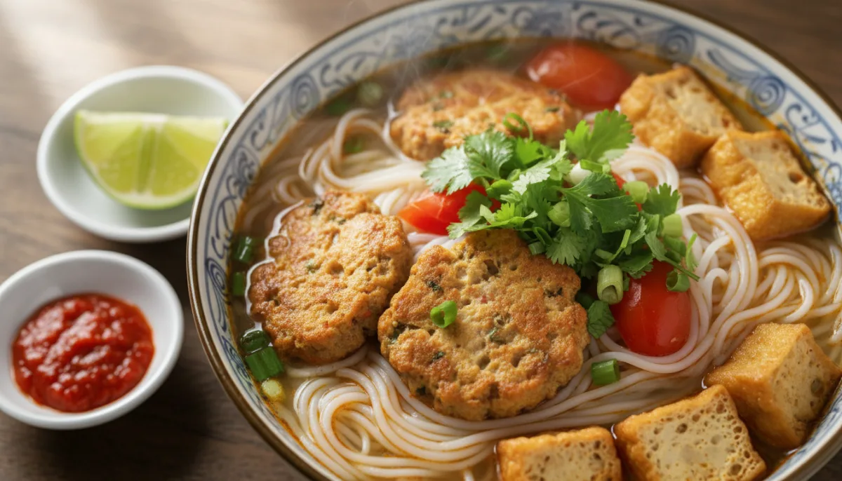 Supë Vietnameze me Nudëlla, Gaforre dhe Domate (Bún Riêu Cua)