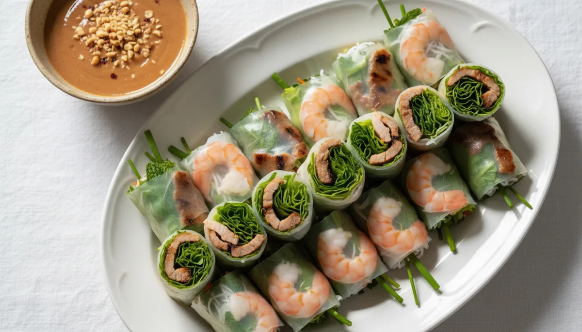 Rrotulla Pranverore Vietnameze me Mish Derri të Pjekur dhe Karkaleca (Gỏi Cuốn)