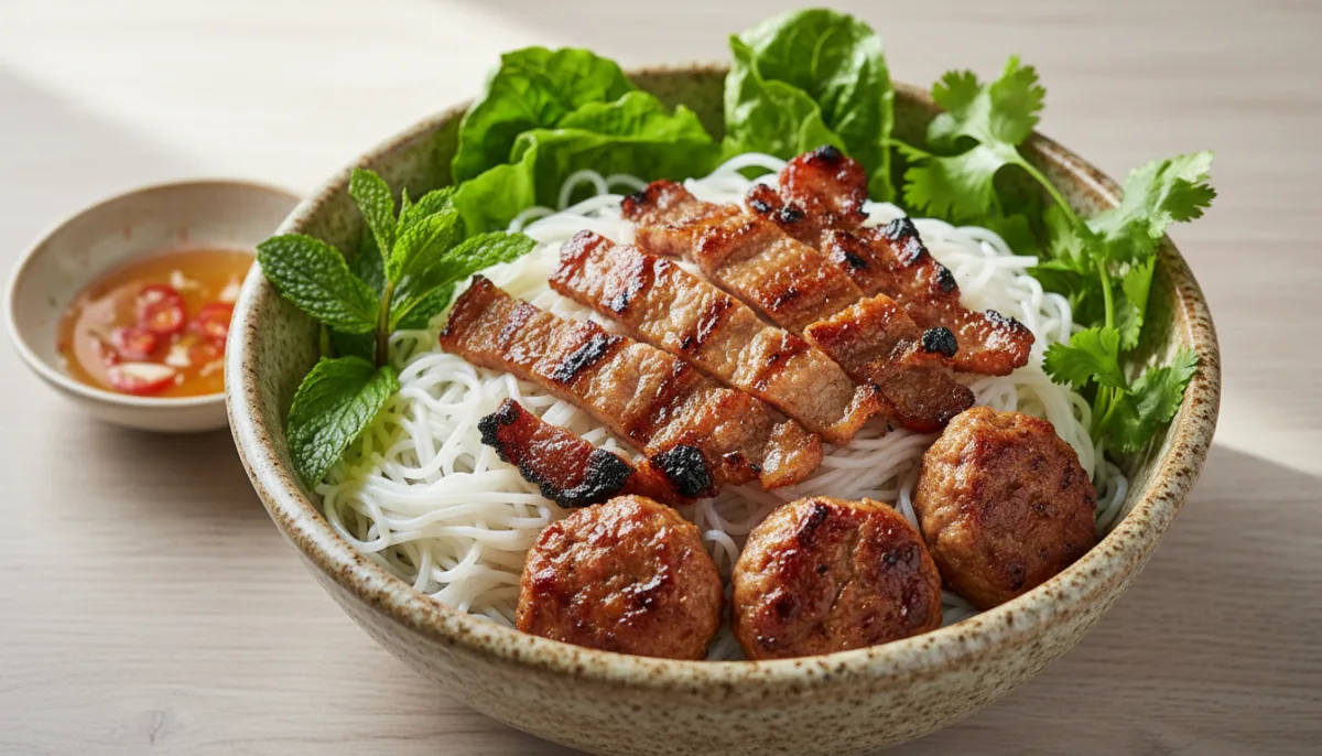 Sallatë me Petë Vermiçeli, Mish Derri të Pjekur në Zgarë (Bún Chả)