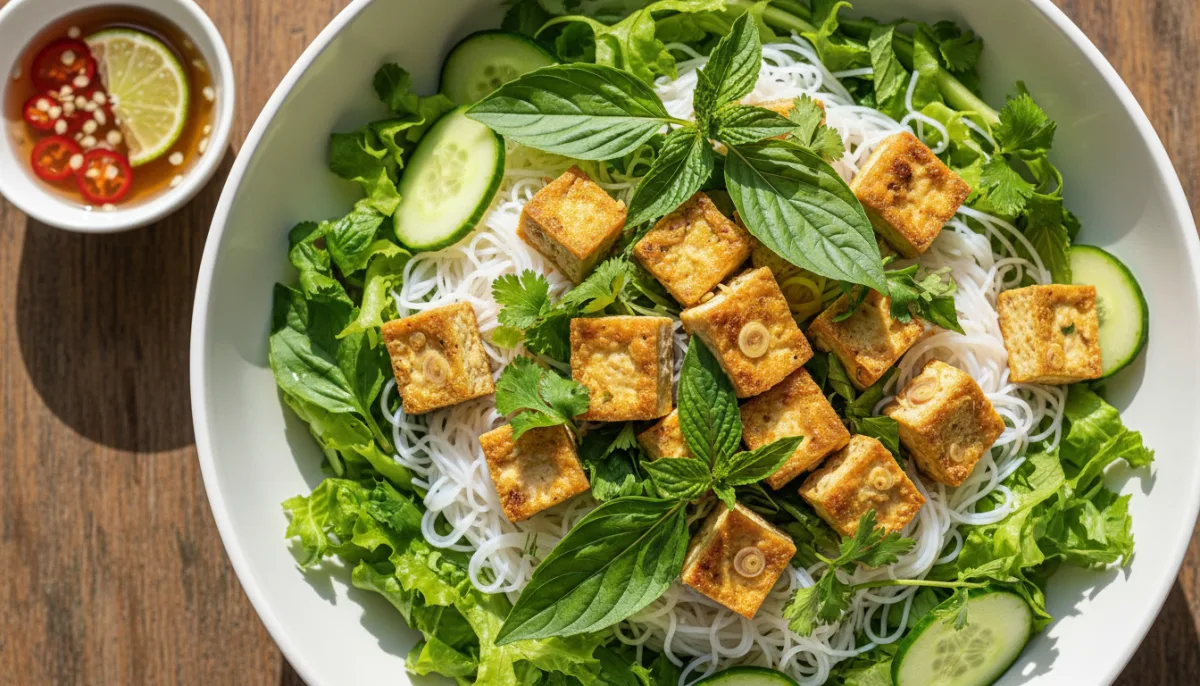 Sallatë Vietnameze me Tofu Limongras dhe Petë Vermiçeli (Bún Đậu Phụ Sả)