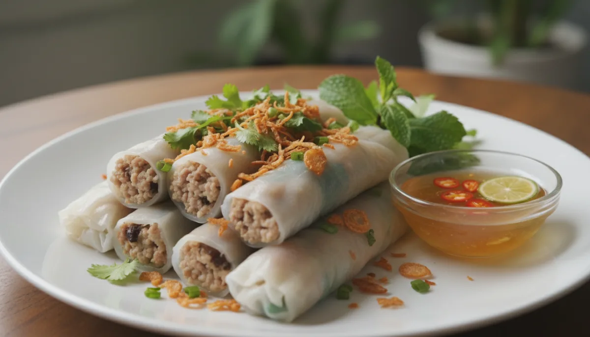 Petulla Orizi të Avulluara Vietnameze me Mish Derri dhe Kërpudha (Bánh Cuốn)
