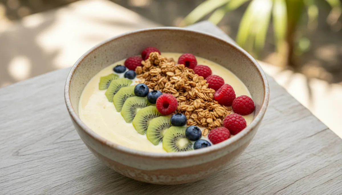 Tigela de Smoothie de Baobá e Abacaxi da África Ocidental com Granola e Frutas Frescas