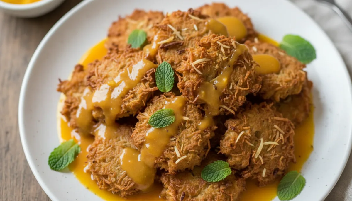 Buñuelos Tropicales de Coco y Jengibre con Coulis de Mango