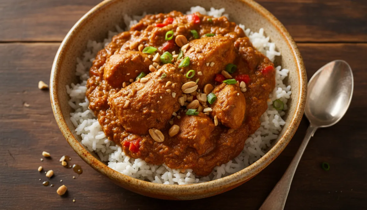 Westafrikanischer Erdnusseintopf mit Huhn und Reis
