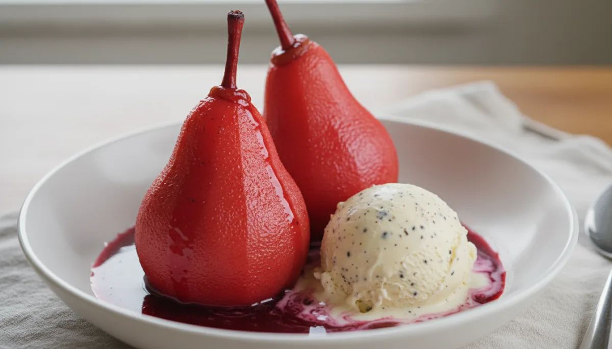 Peras Pochadas con Hibisco y Jengibre al Estilo de África Occidental, con Helado de Vainilla