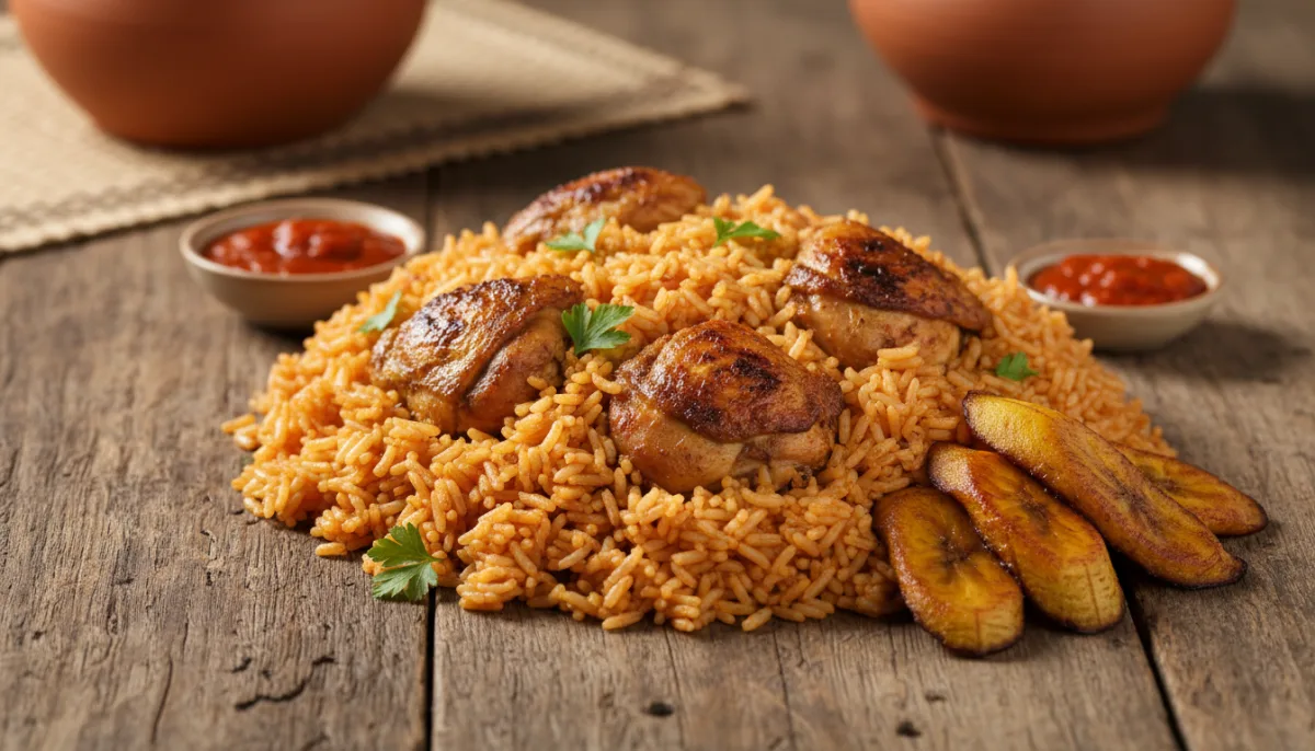 Oriz Jollof i Afrikës Perëndimore me Pulë dhe Banane të Skuqura