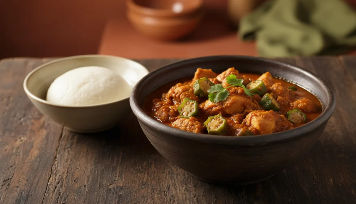 Stufato Sostanzioso di Arachidi e Okra dell'Africa Occidentale con Fufu