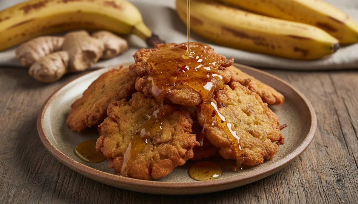 Bolinhos de Banana-da-Terra e Gengibre com Calda de Mel Picante